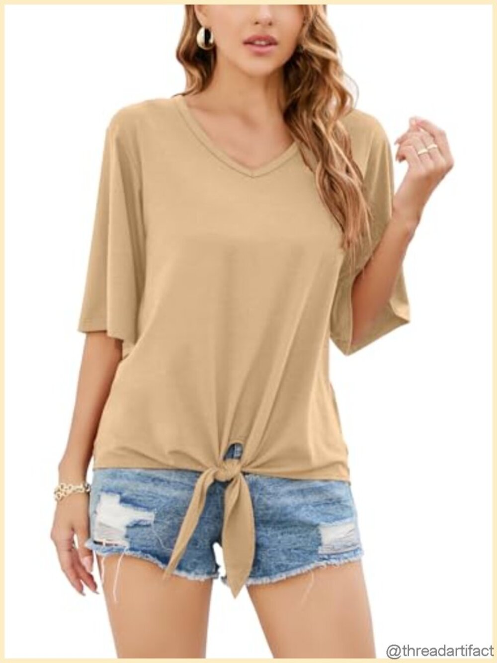 Women's Tie Front Twist Knot T-Shirt 3/4 Bell Sleeve V-Neck Casual Top